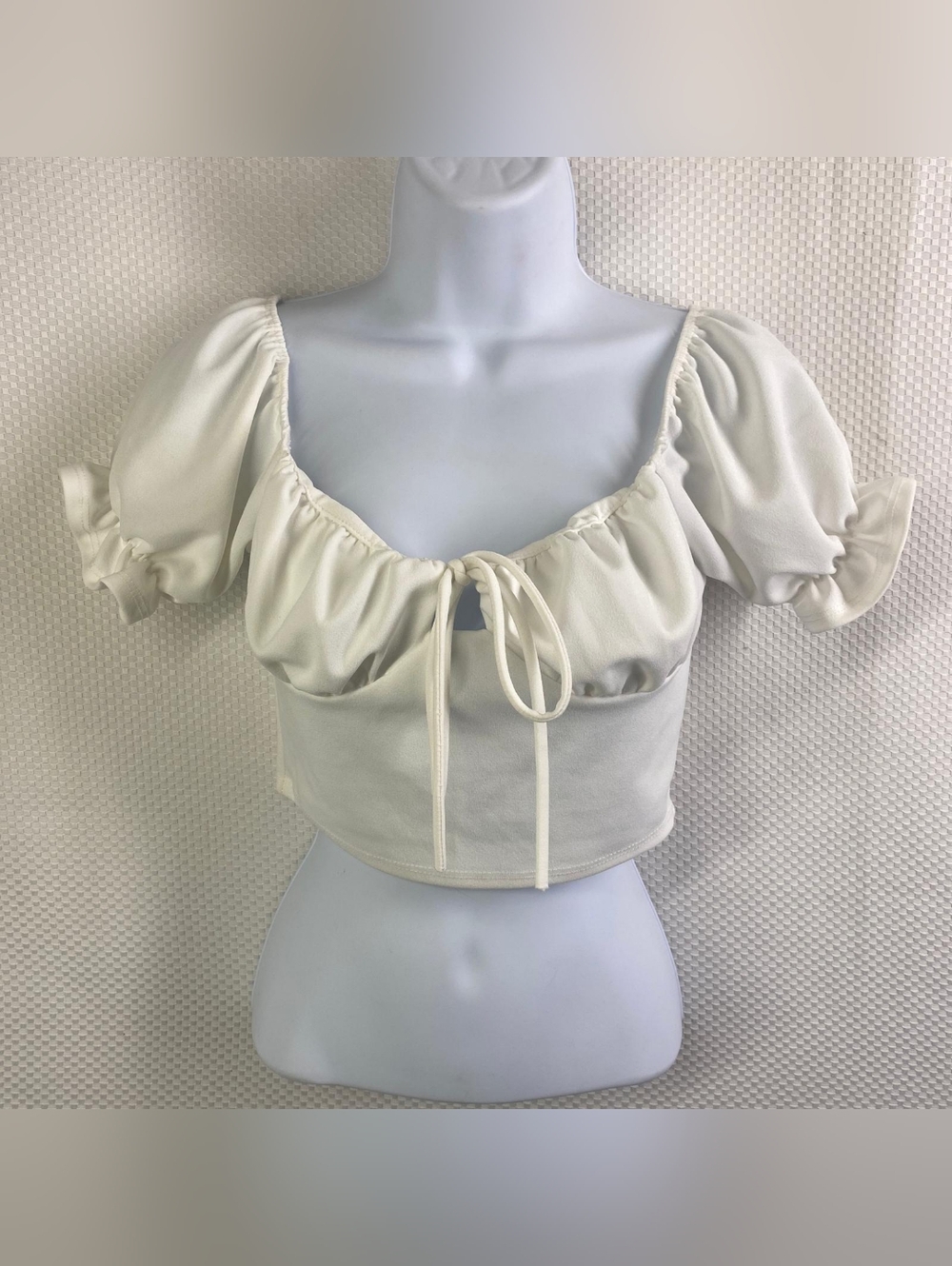 Ivory Puff-Sleeve Tie-Front Crop Top